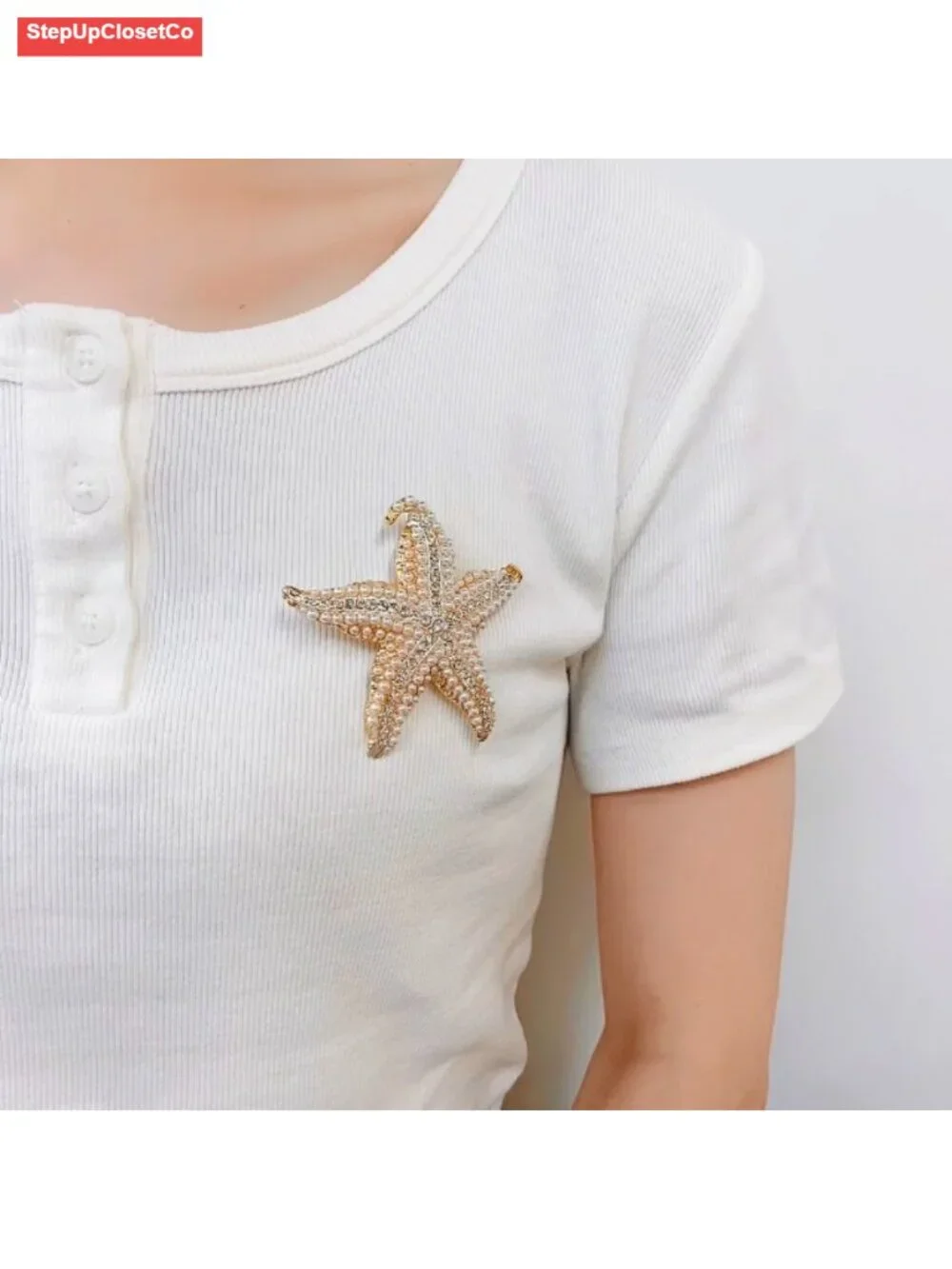 Starfish Rhinestone Pearl Brooch Gold Plated Elegant Crystal Pin